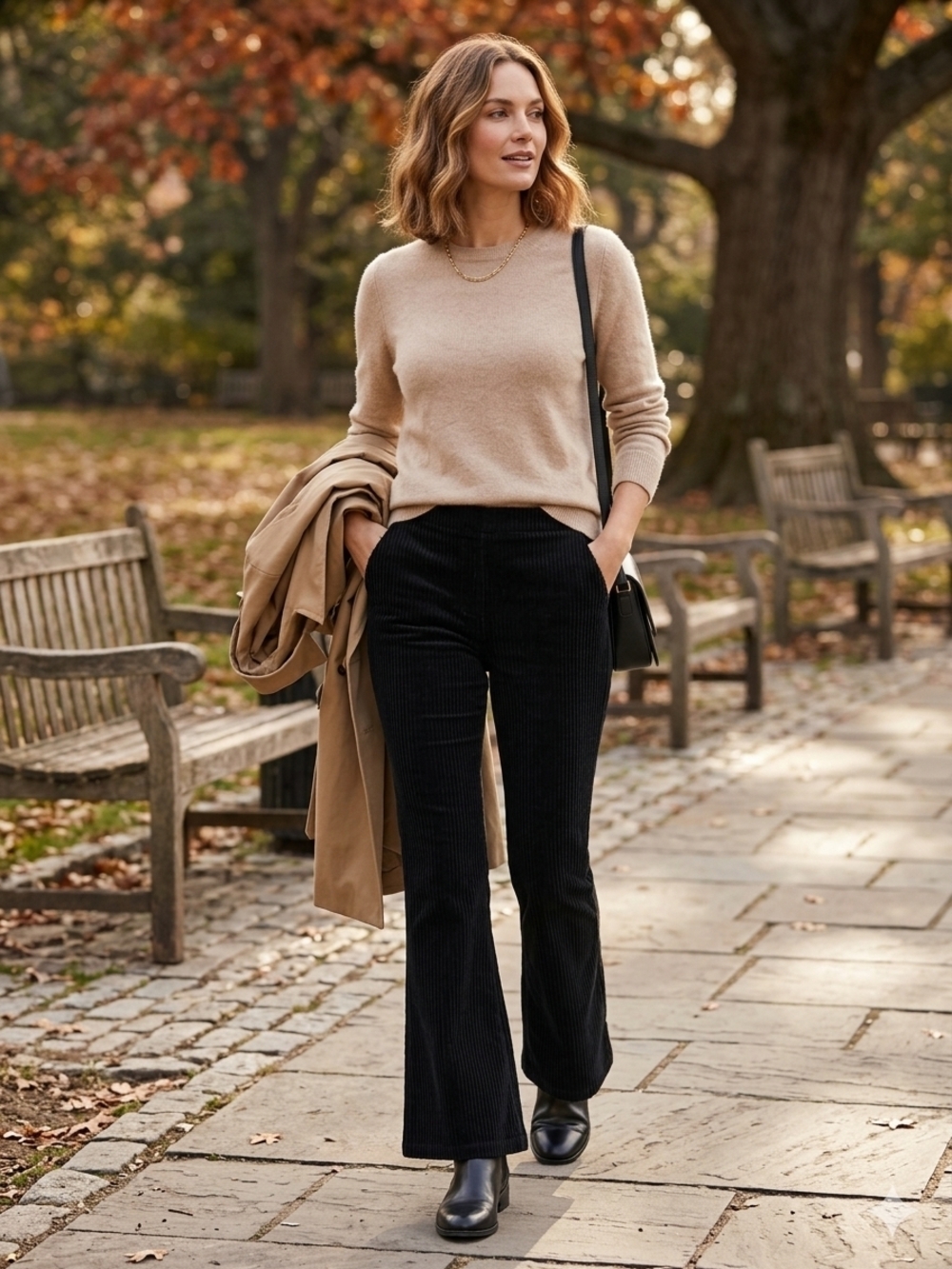 Neutral Cashmere-Look Sweater with Black Corduroy Flare Pants